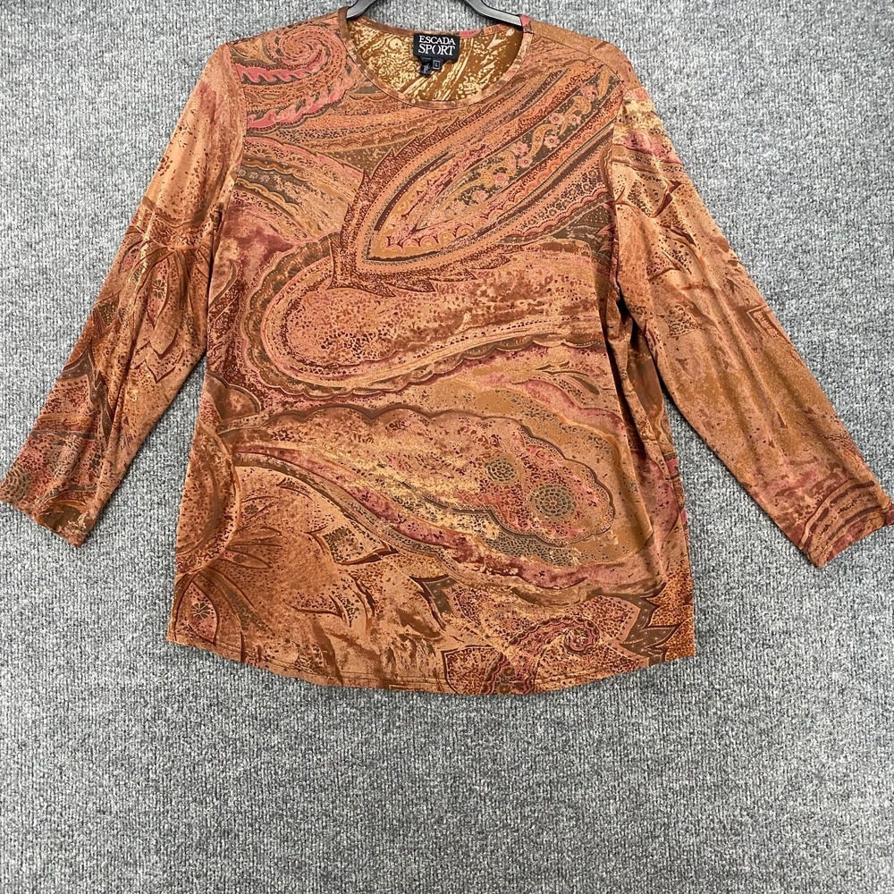 Escada Sport Blouse Top Womens L Brown Paisley Pullover Hippie‎ Boho Cottagecore